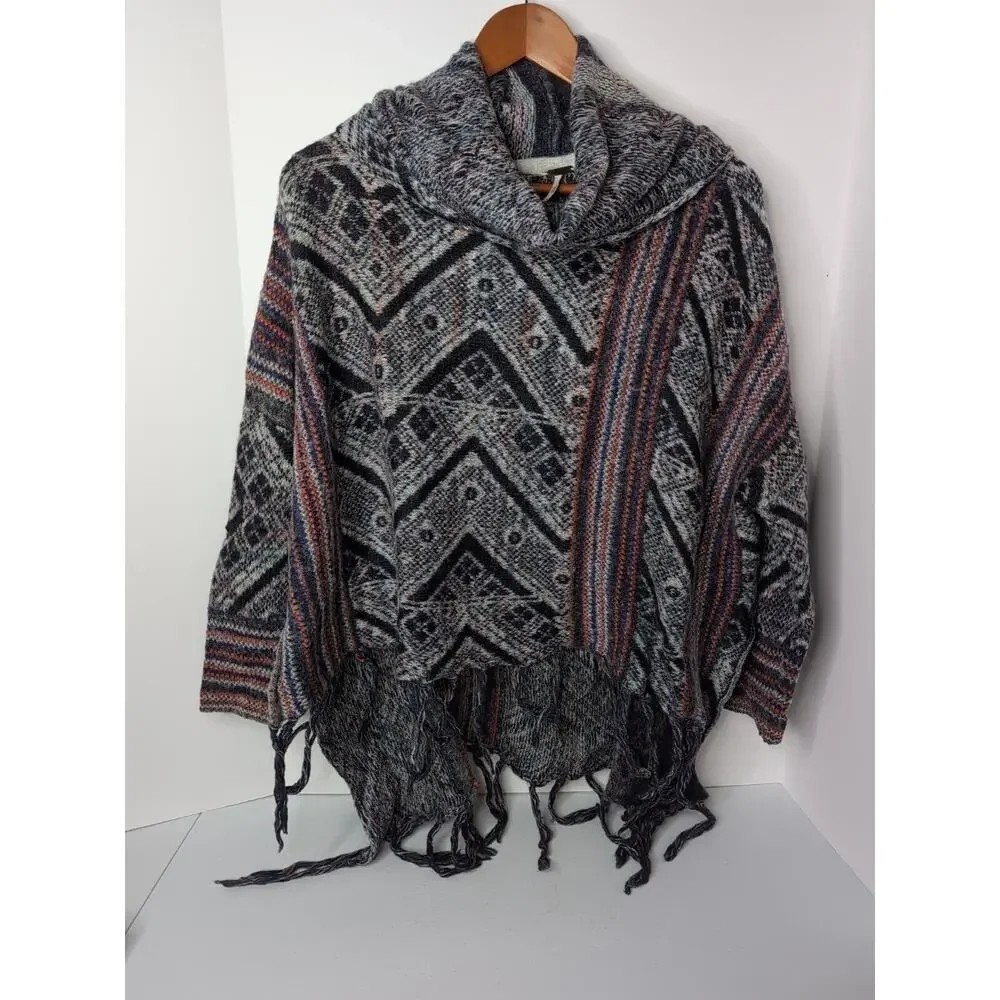 Free People Poncho XS Shawl Wool Blend Fringe‎ Hobo Bohemian Cowl Neck